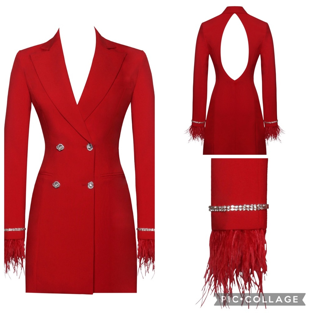 Miss Circle Quilla Red Backless Feather Crystal Sleeve Blazer Dress Size NWT - Picture 4 of 15
